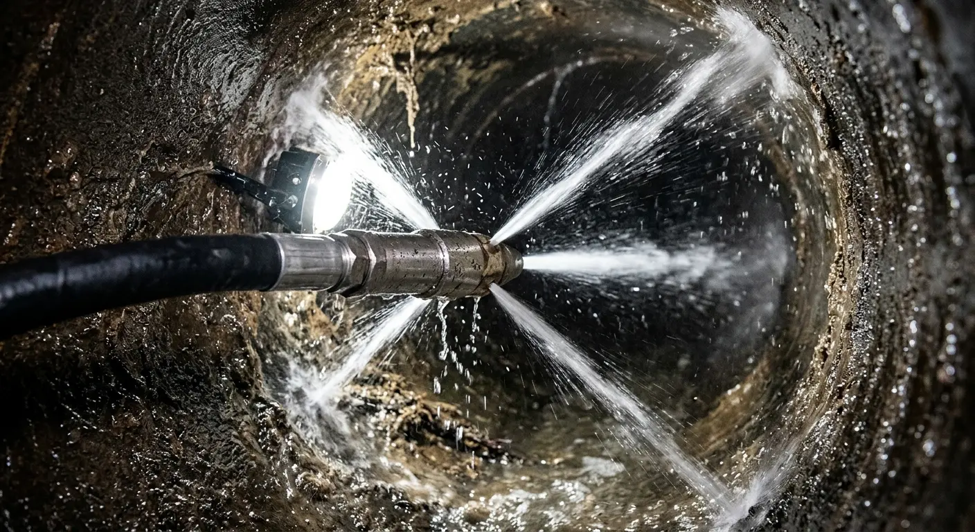 High-pressure hydro jetting nozzle cleaning sewer pipe for Emergency Drain Service in Dubuque