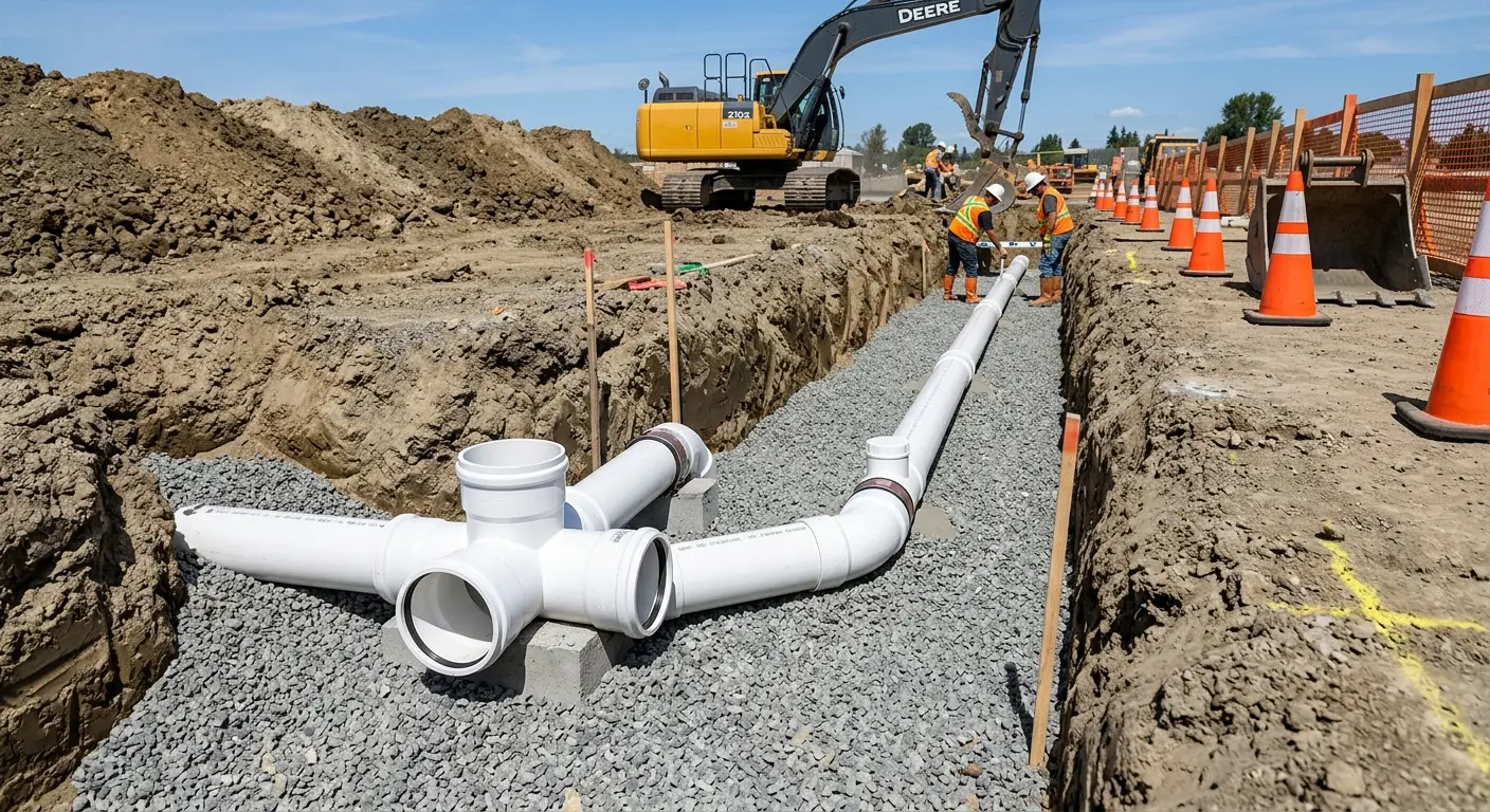 New PVC sewer pipe installation in open trench for Commercial Drain Cleaning in Dubuque