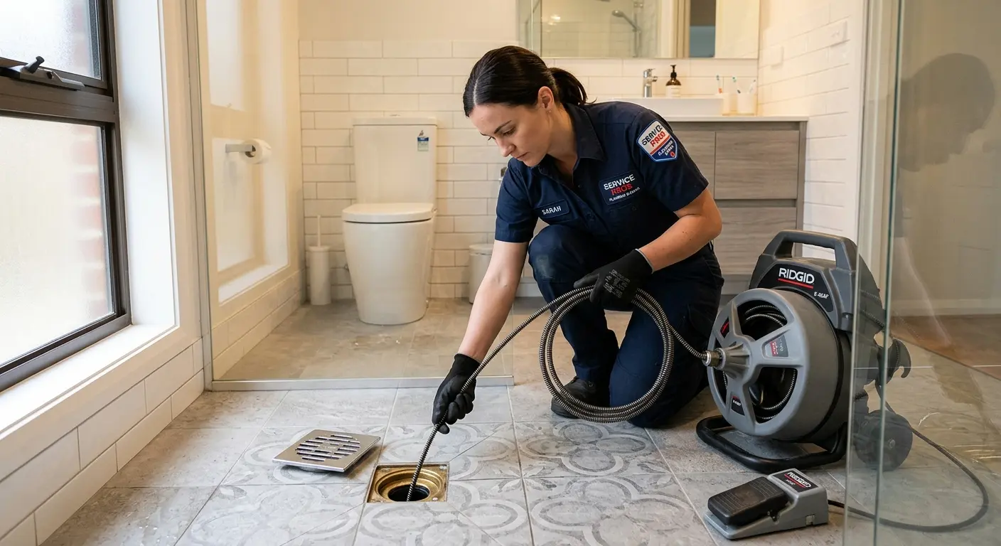 Technician clearing a bathroom floor drain for Sewer Line Replacement in Dubuque